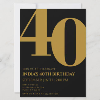 Elegantes Black & Gold 40. Geburtstags-Party Einladung