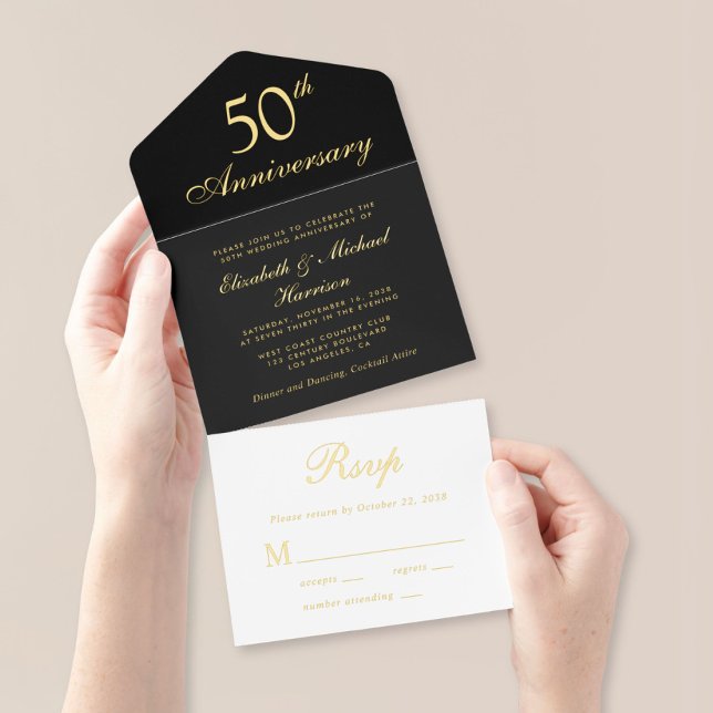 Elegantes Black Gold 50. Hochzeitstag All-in-One-Einladung (Von Creator hochgeladen)