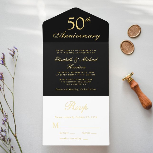 Elegantes Black Gold 50. Hochzeitstag All-in-One-Einladung (Von Creator hochgeladen)
