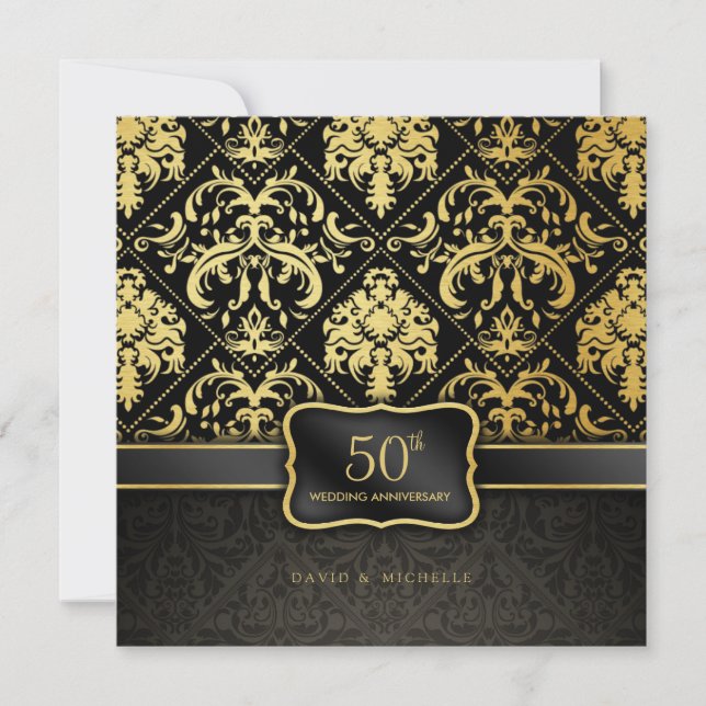 Elegantes Black & Gold 50. Hochzeitstag Einladung (Vorderseite)
