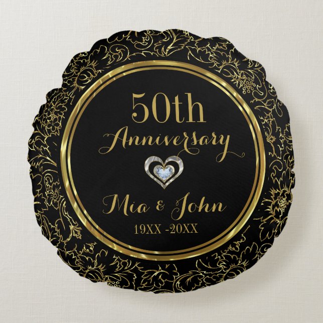 Elegantes Black & Gold 50. Hochzeitstag Rundes Kissen (Vorderseite)