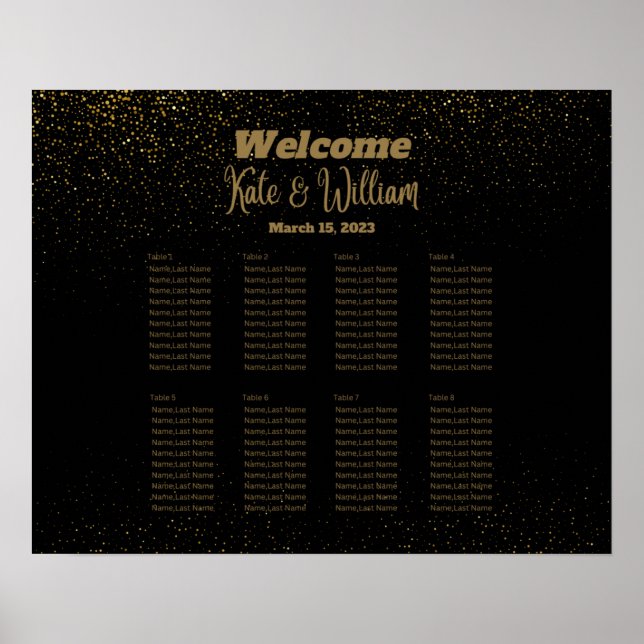 Elegantes Black & Gold 8 Tables Sitzdiagramm Poster (Vorne)