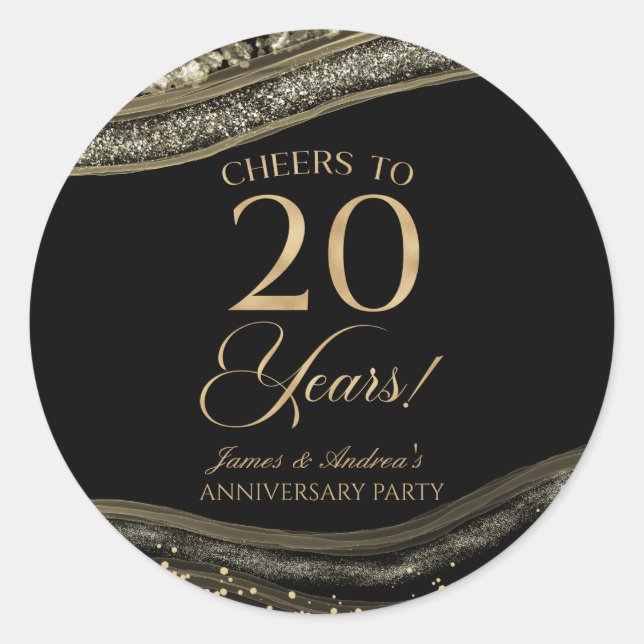 Elegantes Black Gold Agate 20-jähriges Party Runder Aufkleber (Vorderseite)