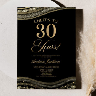 Elegantes Black Gold Agate 30. Geburtstag Party Einladung