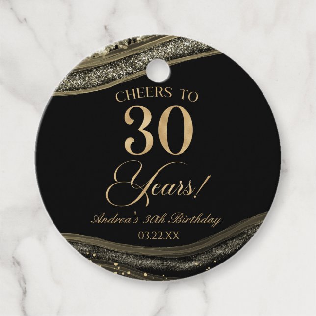 Elegantes Black Gold Agate 30. Geburtstag Party Geschenkanhänger (Vorderseite)