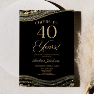 Elegantes Black Gold Agate 40. Geburtstag Party Einladung