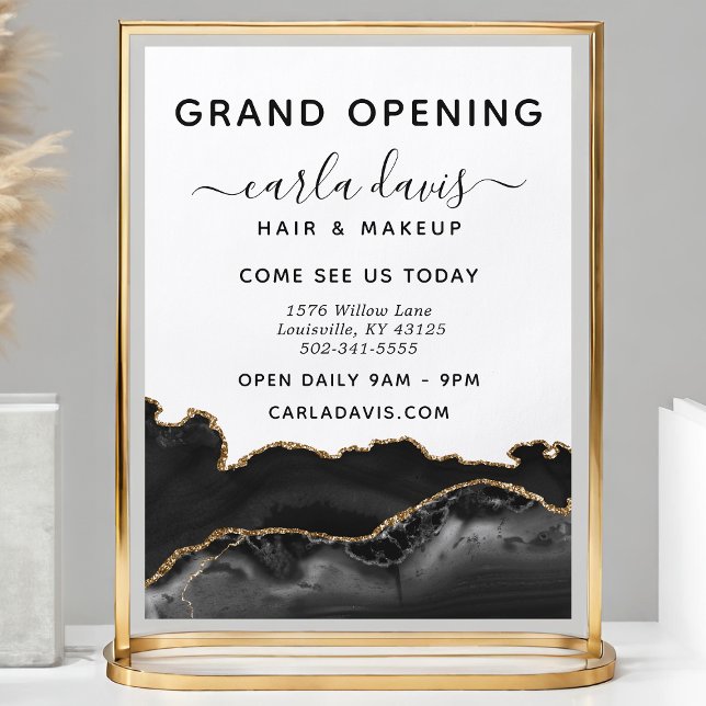 Elegantes Black & Gold Agate Salon Grand Opening Flyer (Von Creator hochgeladen)