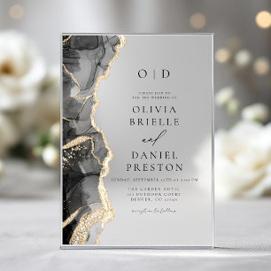 Elegantes Black Gold Agate Wedding Monogram Acryleinladungen