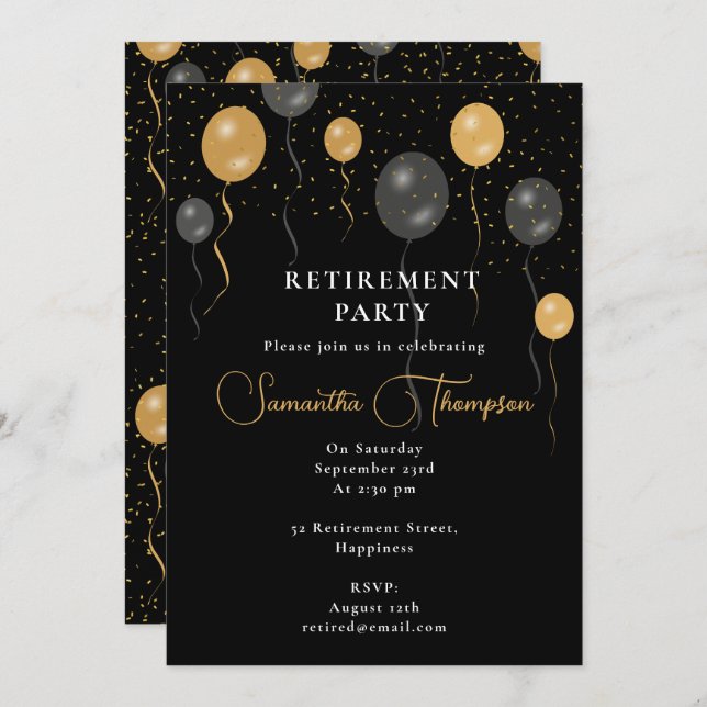 Elegantes Black & Gold Balloons Retirement Party Einladung (Vorne/Hinten)