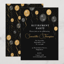 Elegantes Black & Gold Balloons Retirement Party Einladung
