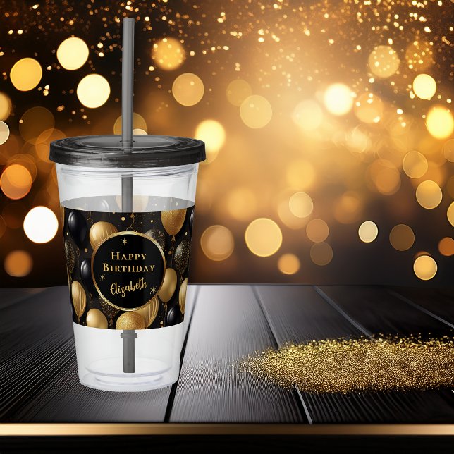 Elegantes Black Gold Birthday Balloons Muster Acryltrinkbecher (Elegant Black Gold-Tone Faux Glitter Balloons Pattern "Happy Birthday" Party Acrylic Tumbler)