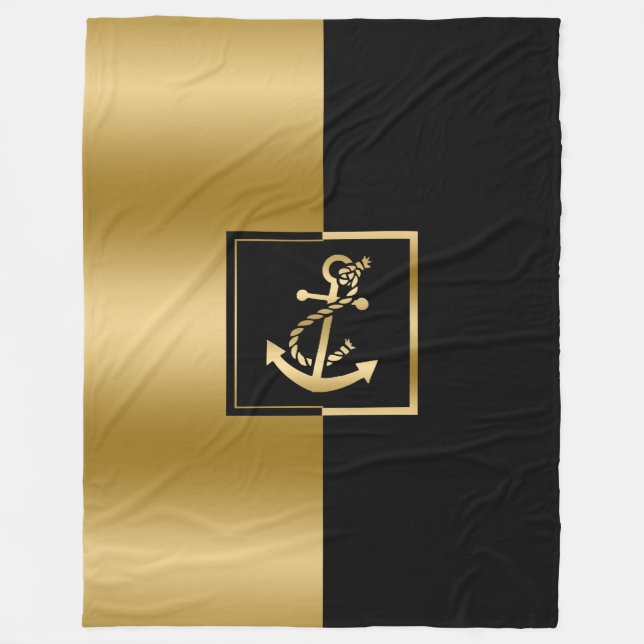 Elegantes Black & Gold Boat Anker Modernes Design Fleecedecke (Vorderseite)