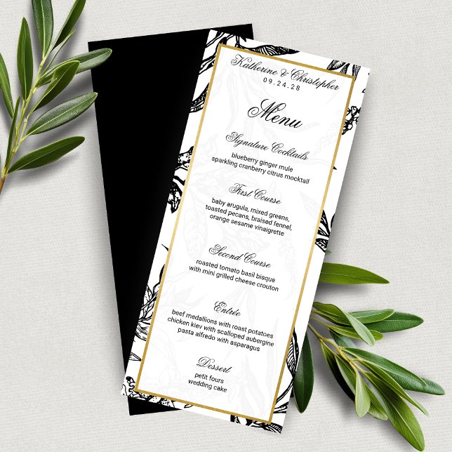Elegantes Black Gold Botanical Wedding Menü Programm (Elegant Black Gold Botanical Wedding Menu)