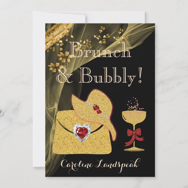 Elegantes Black & Gold Brunch & Bubbly Brautparty Einladung (Vorderseite)