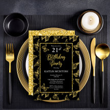 Elegantes Black Gold Butterflies 21. Geburtstag Pa