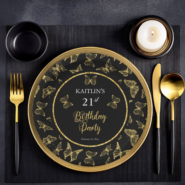 Elegantes Black Gold Butterflies 21. Geburtstag Pa Pappteller (Elegant Black and Faux Gold Glitter Butterflies 21st Birthday Party Flat Paper Plates)