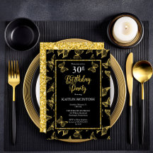 Elegantes Black Gold Butterflies 30. Geburtstag Pa