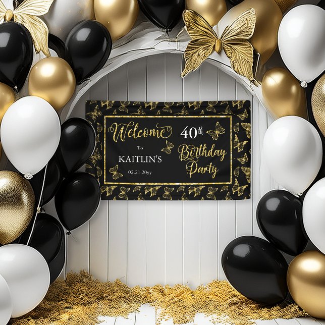 Elegantes Black Gold Butterflies 40. Geburtstag Pa Banner (Elegant Black and Faux Gold Glitter Butterflies 40th Birthday Party Banner)