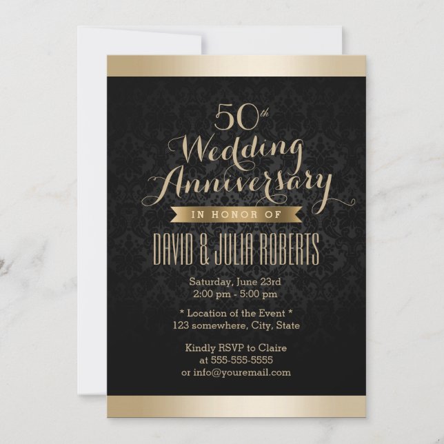 Elegantes Black & Gold Damask Hochzeitstag Einladung (Vorderseite)