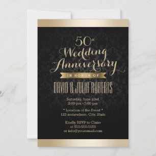 Elegantes Black & Gold Damask Hochzeitstag Einladung
