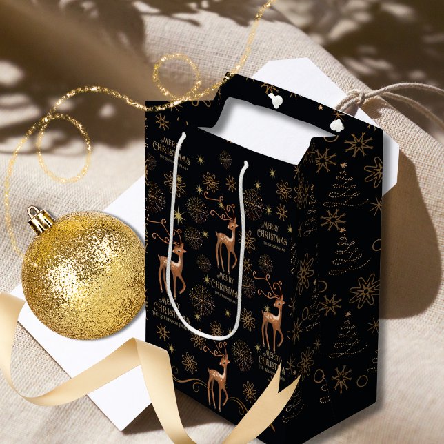 Elegantes Black & Gold Deer Custom Weihnachten Mittlere Geschenktüte (Elegant Black & Gold Deer Custom Christmas Medium Gift Bag)