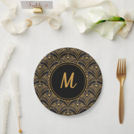 Elegantes Black Gold Deko Art Pattern Monogramm Pappteller