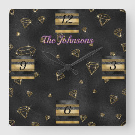Elegantes Black & Gold Diamond Design Quadratische Wanduhr