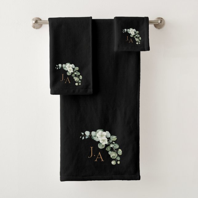 Elegantes Black & Gold Eukalyptus Foliage Monogram Badhandtuch Set (Insitu)