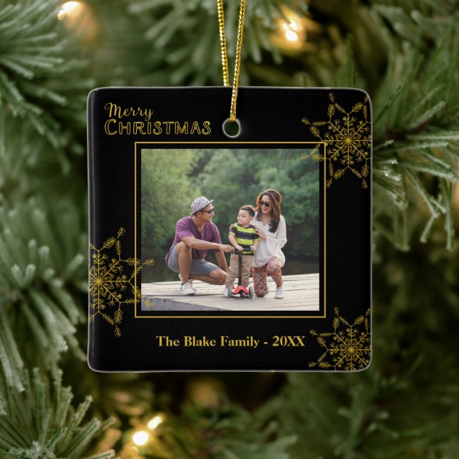 Elegantes Black Gold Family Foto Frohe Weihnachten Keramikornament (Baum)
