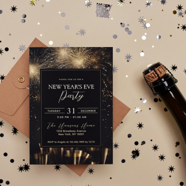 Elegantes Black Gold Feuerwerk Silvester Party Einladung (Von Creator hochgeladen)