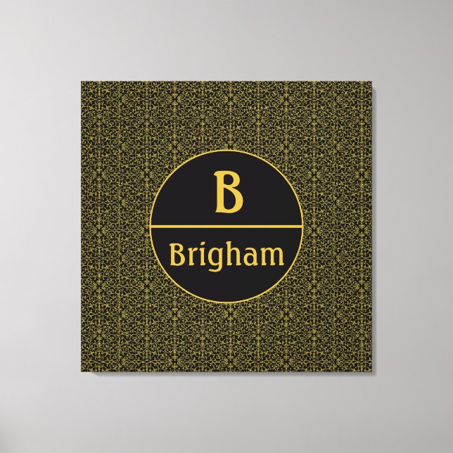 Elegantes Black & Gold Filigree Monogramm Leinwanddruck (Vorderseite)