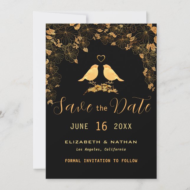 Elegantes Black & Gold Floral Birds Custom Foto Save The Date (Vorderseite)