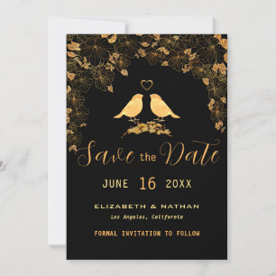 Elegantes Black & Gold Floral Birds Custom Foto Save The Date