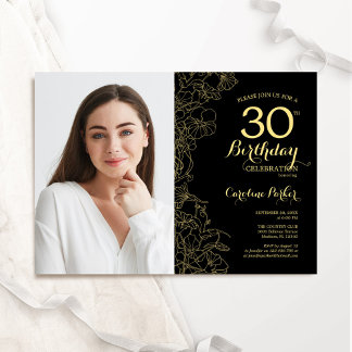 Elegantes Black Gold Floral Foto 30. Geburtstag Einladung
