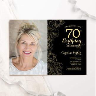 Elegantes Black Gold Floral Foto 70. Geburtstag Einladung