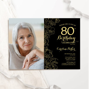 Elegantes Black Gold Floral Foto 80. Geburtstag Einladung