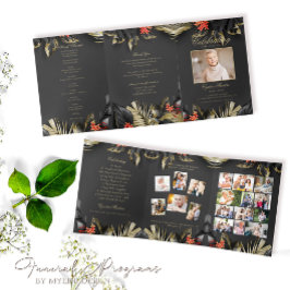 Elegantes Black Gold Floral Foto Beerdigung Progra Dreifach Gefaltete Einladung