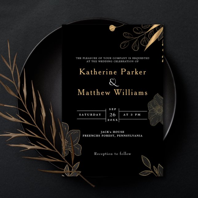 Elegantes Black & Gold Floral Minimalistisches Fot Einladung (Modern Elegant Luxury Black and Gold Floral Wedding invitation card)
