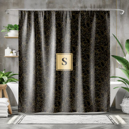 Elegantes Black Gold Floral Monogramm Duschvorhang