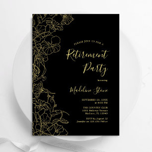 Elegantes Black Gold Floral Retirement Party Einladung