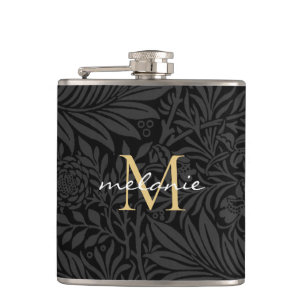 Elegantes Black Gold Floral Script Monogram Flachmann