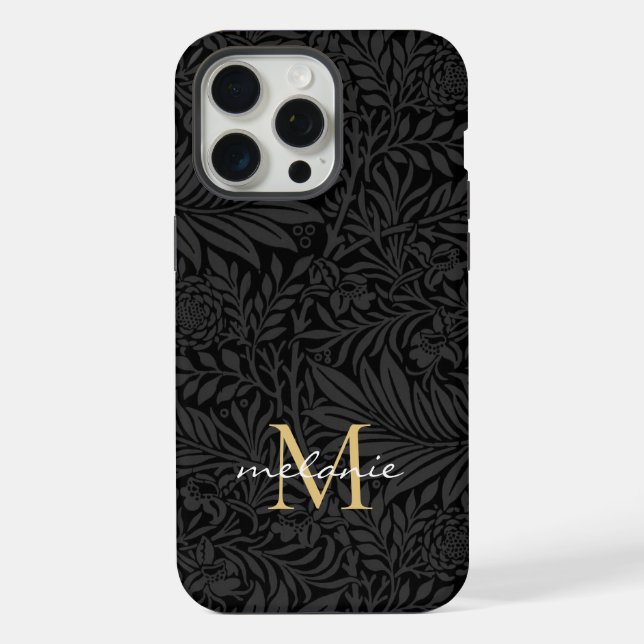 Elegantes Black Gold Floral Script Monogram iPhone Hülle (Rückseite)