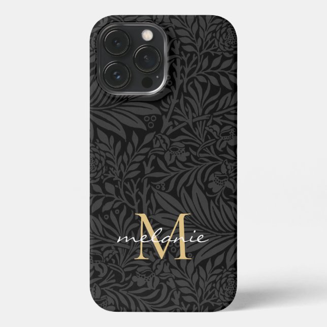 Elegantes Black Gold Floral Script Monogram iPhone Hülle (Rückseite)