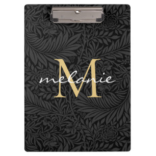 Elegantes Black Gold Floral Script Monogram Klemmbrett