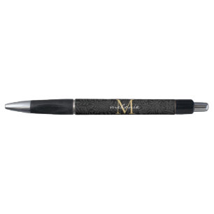 Elegantes Black Gold Floral Script Monogram Kugelschreiber