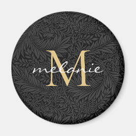 Elegantes Black Gold Floral Script Monogram Magnet