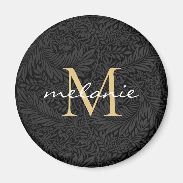 Elegantes Black Gold Floral Script Monogram Magnet (Vorne)