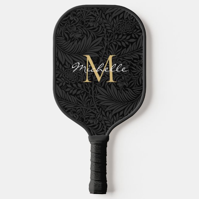 Elegantes Black Gold Floral Script Monogram Pickleball Schläger (Rückseite)