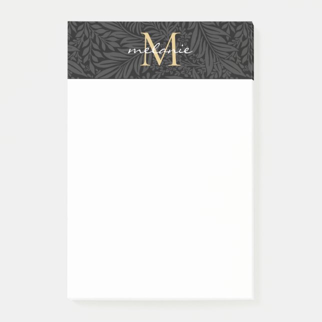 Elegantes Black Gold Floral Script Monogram Post-it Klebezettel (Vorderseite)