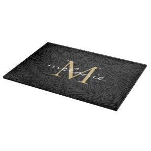 Elegantes Black Gold Floral Script Monogram Schneidebrett